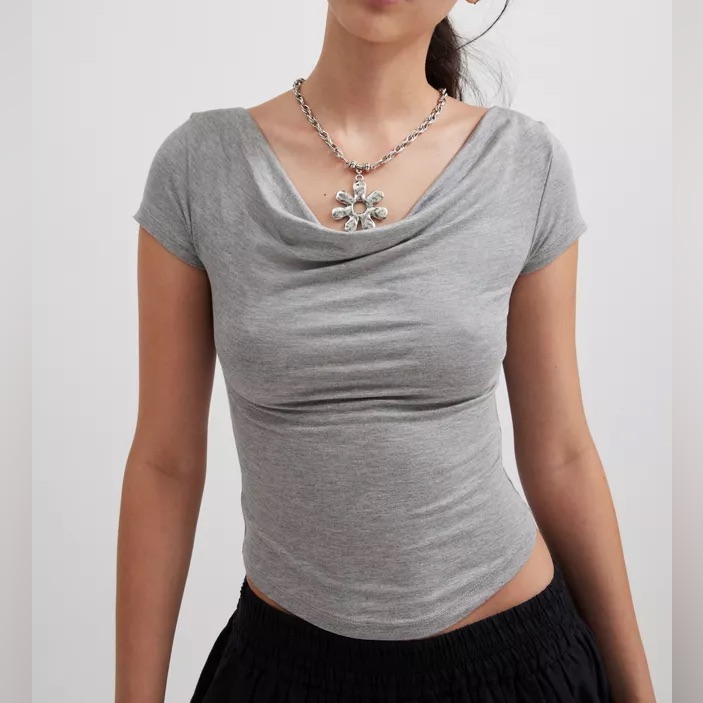 Silence + Noise Light Gray Off-Shoulder Tee